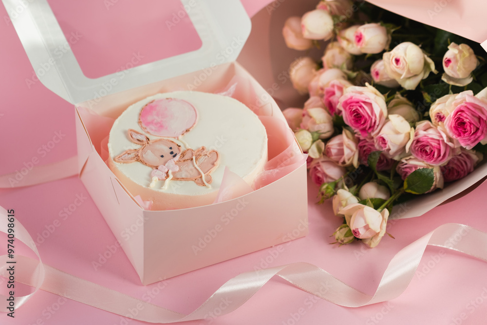 Φωτογραφία Flat lay of baby shower party bento cake with white chocolate frosting next to bouquet of flowers