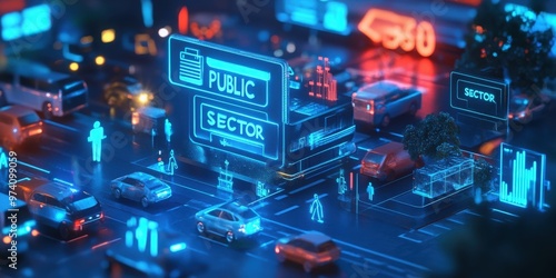 Holographic icons representing various Public sector services and government departments, showcasing innovative digital visualization of government operations and public administration photo