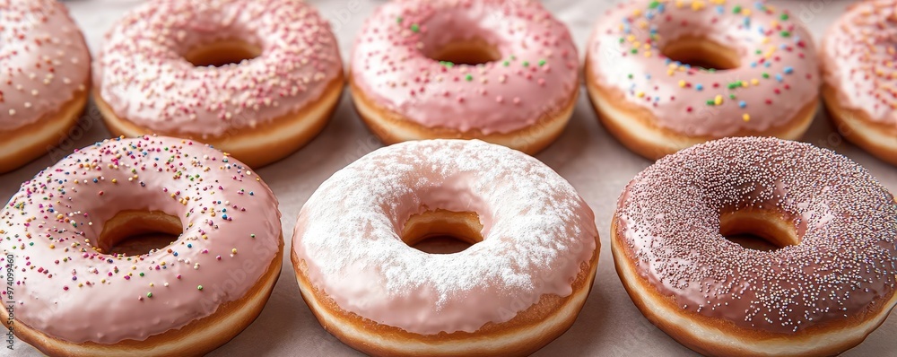 A 3D close-up of doughnuts arranged on a bakery stand, with detailed textures of glaze, sprinkles, and powdered sugar, 3D close-up, doughnuts, textures A 3D close-up of doughnuts arranged on a bakery stand, with detailed textures of glaze, sprinkles, and powdered sugar, 3D close-up, doughnuts, textures