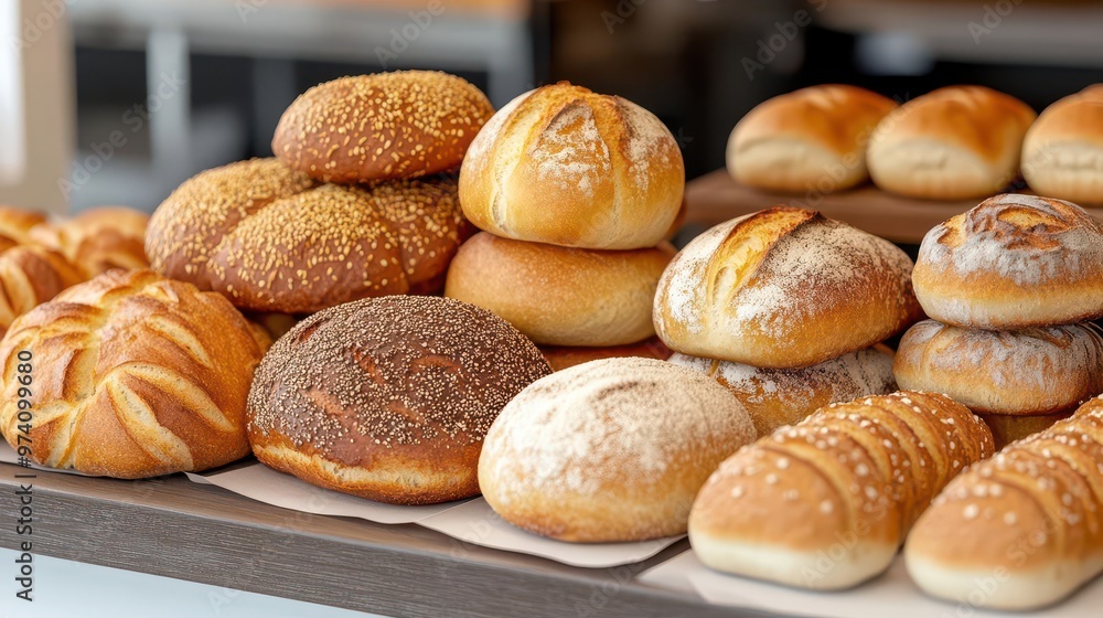 A 3D model of a bakery counter stacked with different kinds of freshly baked bread rolls, 3D model, bread rolls, bakery counter A 3D model of a bakery counter stacked with different kinds of freshly baked bread rolls, 3D model, bread rolls, bakery counter