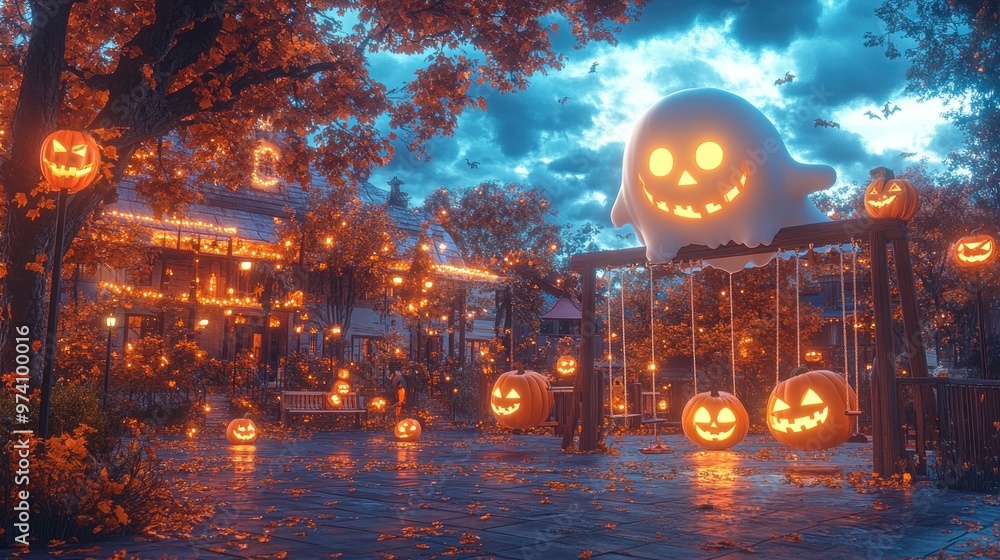 Halloween scene with glowing pumpkins and a playful ghost. Halloween scene with glowing pumpkins and a playful ghost.