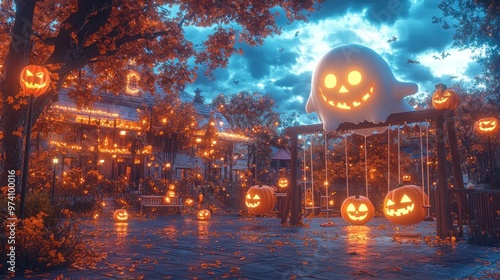 Halloween scene with glowing pumpkins and a playful ghost.