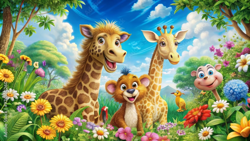 Fototapeta premium Colorful illustration of a whimsical zoo scene featuring a smiling giraffe, monkey, and lion surrounded by lush
