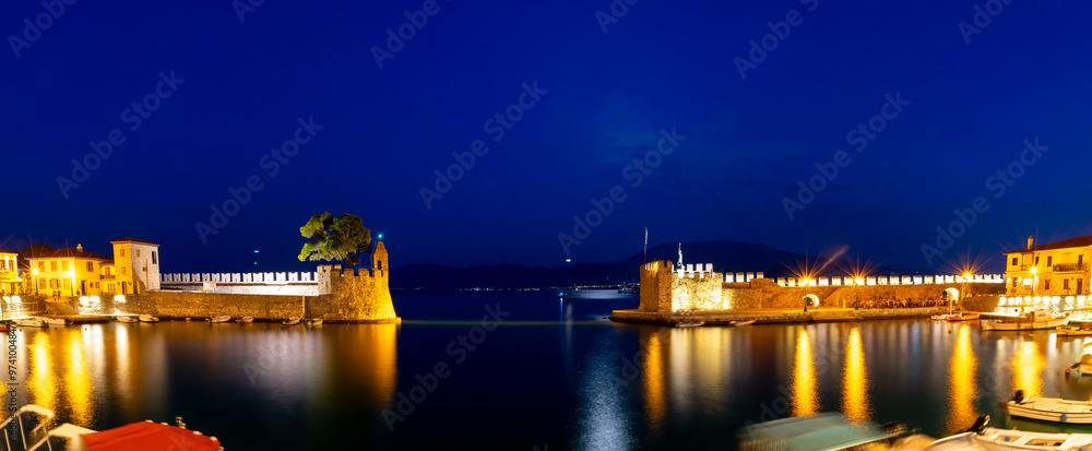 Panorama of Nafpaktos port during blue hour.