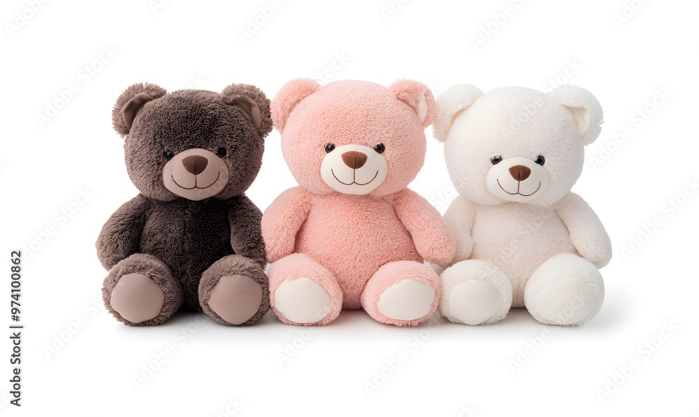 Three teddy bears are sitting together on a white background Three teddy bears are sitting together on a white background