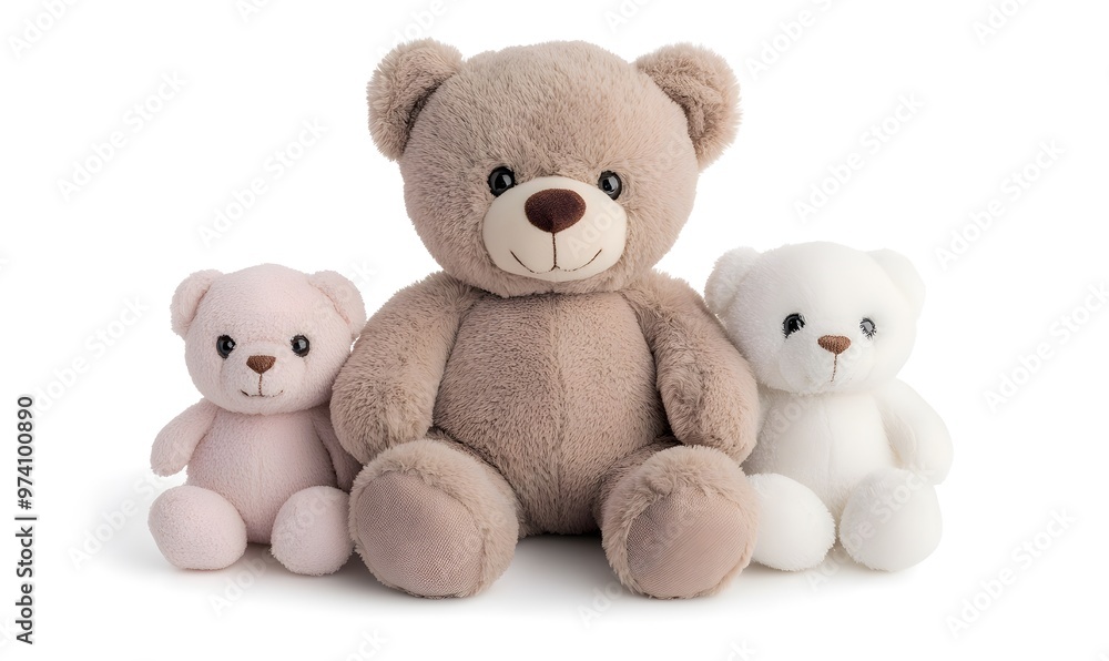 Fototapeta premium Three teddy bears are sitting together on a white background