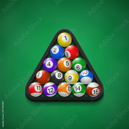 Billiard balls in black triangle rack. Pool balls with numbers top view. Vector illustration.