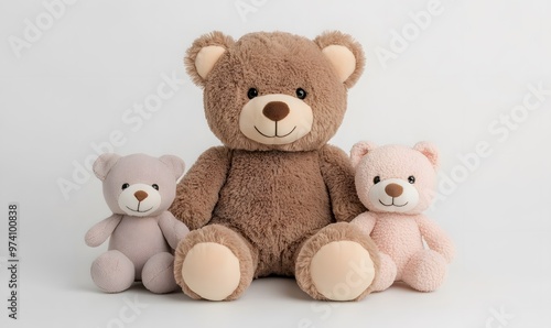 Three teddy bears are sitting together on a white background