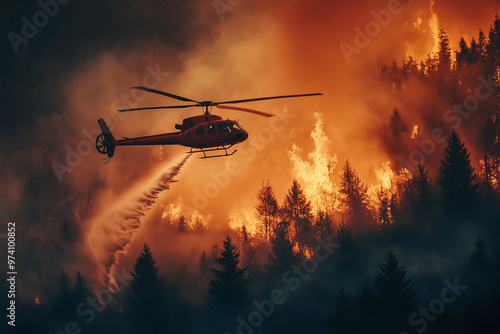 Fire helicopter extinguishes forest fire with water. AI generative image. photo