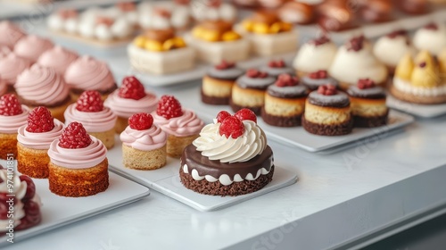 A 3D rendering of a bakery display window featuring elegant petit fours and mini cakes, 3D rendering, bakery display, petit fours