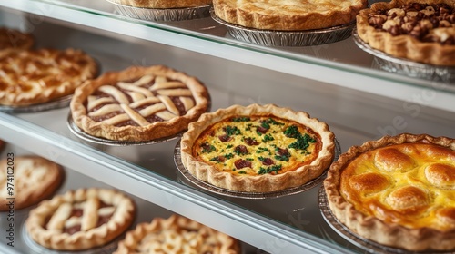 A 3D rendering of a bakery's glass display filled with layers of pies, quiches, and pastries, 3D rendering, glass display, quiches