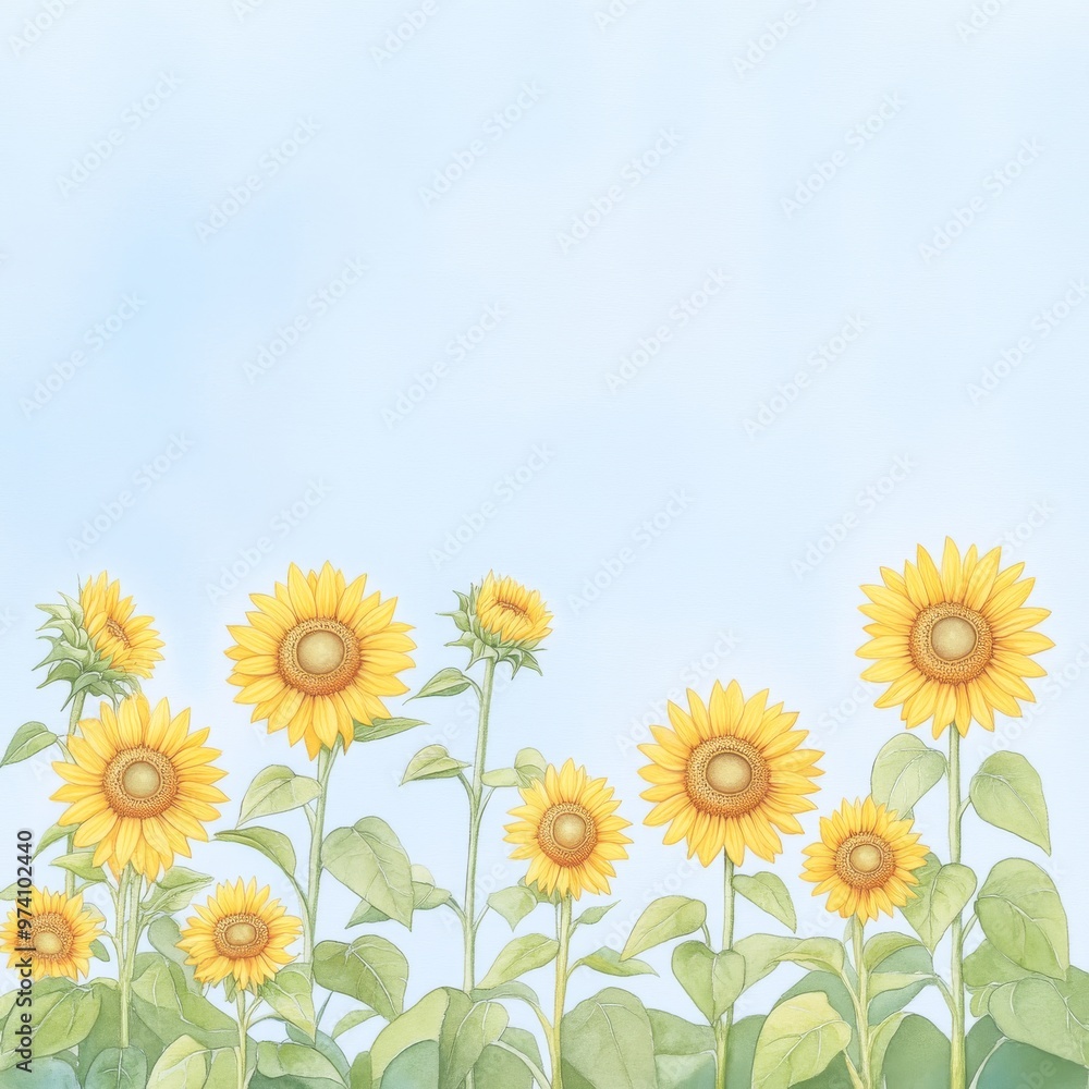 Vibrant sunflowers stretch towards the sky, showcasing their bright yellow petals against a serene blue background. Vibrant sunflowers stretch towards the sky, showcasing their bright yellow petals against a serene blue background.