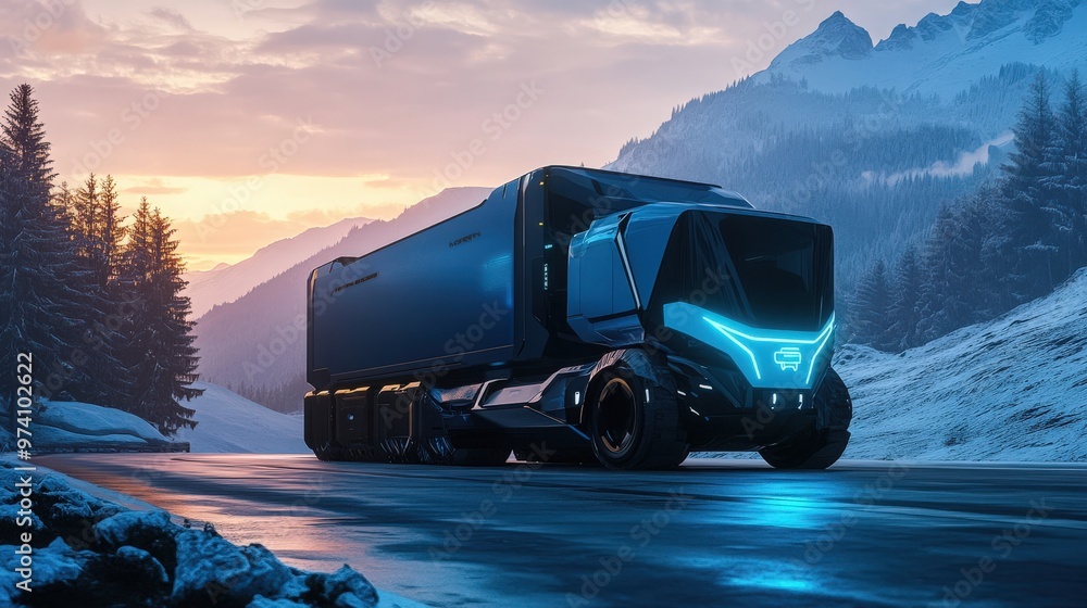 Futuristic Blue Electric Truck Concept on Mountain Road At Dusk ...