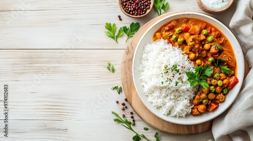  A close-up of a white bowl filled with a flavorful curry dish, served with white rice and garnished with fresh parsley The bowl is sitting on a woode
