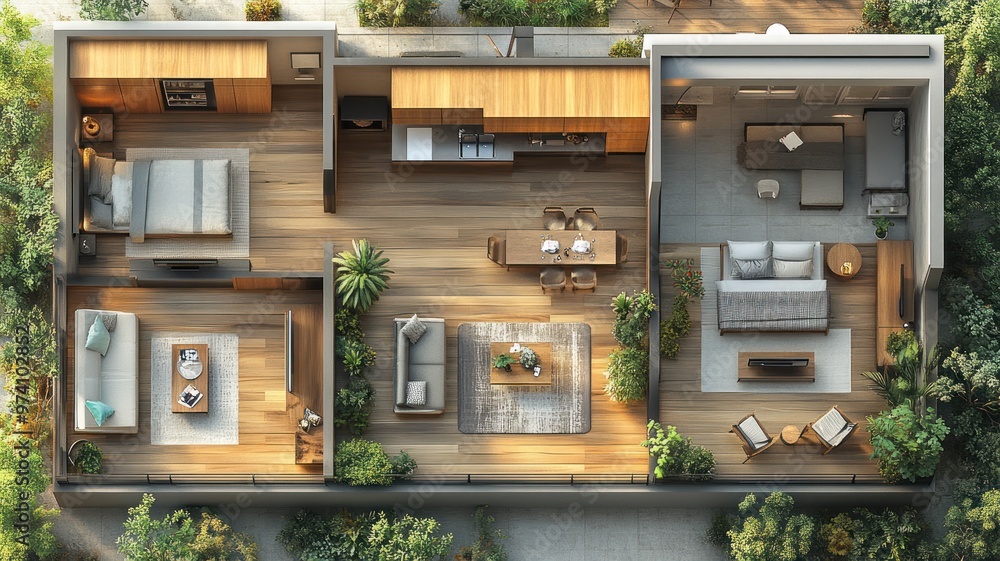 Aerial view of a modern home layout with natural surroundings. Aerial view of a modern home layout with natural surroundings.