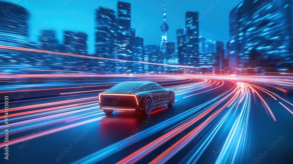 Self-driving car on a high-tech urban road with flowing light streaks, representing advanced connectivity and innovative transportation solutions Self-driving car on a high-tech urban road with flowing light streaks, representing advanced connectivity and innovative transportation solutions