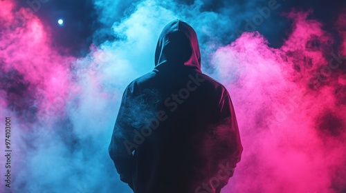 Rap artist in a hoodie on stage with neon pink and blue fog during a night concert, showcasing an energetic and dynamic vibe. The scene features the musician’s back view, emphasizing the vivid stage 