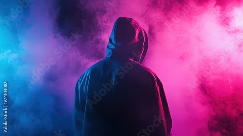 Rap artist in a hoodie on stage with neon pink and blue fog during a night concert, showcasing an energetic and dynamic vibe. The scene features the musician’s back view, emphasizing the vivid stage 