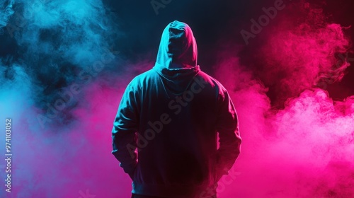 Rap artist in a hoodie on stage with neon pink and blue fog during a night concert, showcasing an energetic and dynamic vibe. The scene features the musician’s back view, emphasizing the vivid stage 
