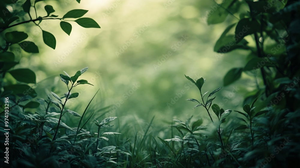 A close-up of green leaves in a forest with blurred background. A close-up of green leaves in a forest with blurred background.