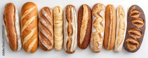 A 3D bakery display featuring a wide variety of fresh loaves, rolls, and baguettes, 3D display, fresh loaves, baguettes