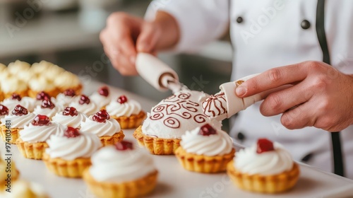 A 3D close-up of a pastry chef piping intricate designs on cakes and tarts, 3D close-up, pastry chef, piping designs