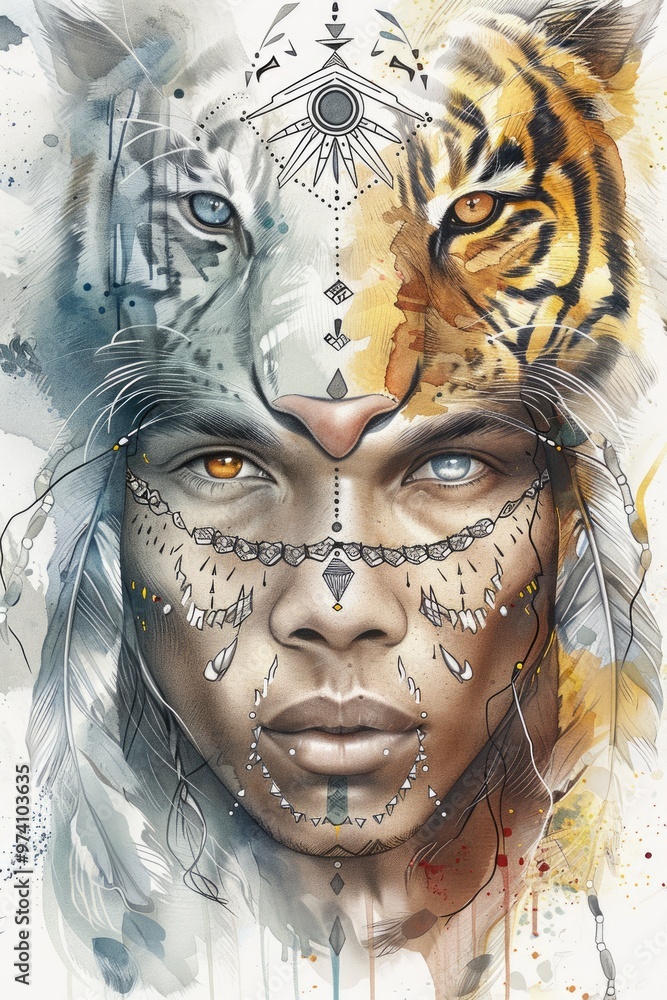 Abstract design with a man in a Native American headdress and tiger head, showcasing colorful brushstrokes and simple lines. Abstract design with a man in a Native American headdress and tiger head, showcasing colorful brushstrokes and simple lines.