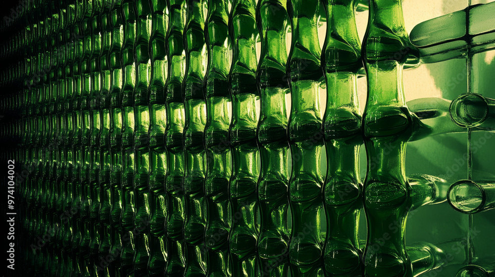 Fototapeta premium A visually striking wall of stacked green beer bottles, backlit for an interesting effect. 