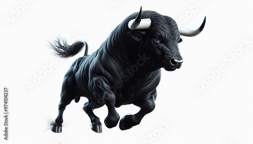 Powerful Black Bull Charging Isolated on White Background