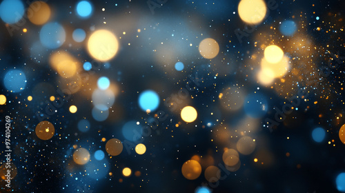 Abstract bokeh glitters background with sparkling blue and golden circles and a blur effect.