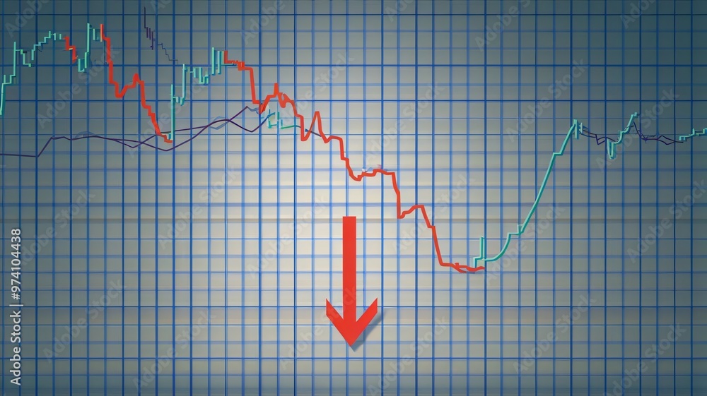 Financial Graph with Red Down Arrow on Blue Grid Background Financial Graph with Red Down Arrow on Blue Grid Background