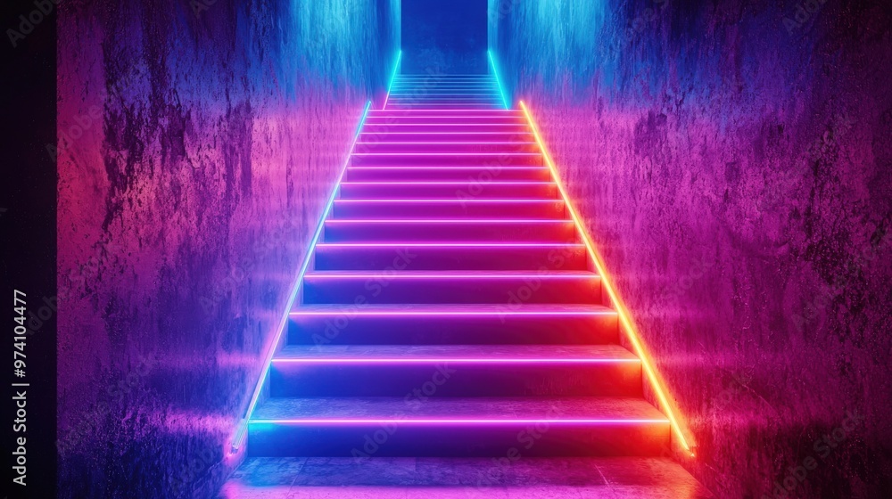 Abstract staircase made of bright neon lines leading upward, representing creative business success, climbing to success, innovation in business Abstract staircase made of bright neon lines leading upward, representing creative business success, climbing to success, innovation in business
