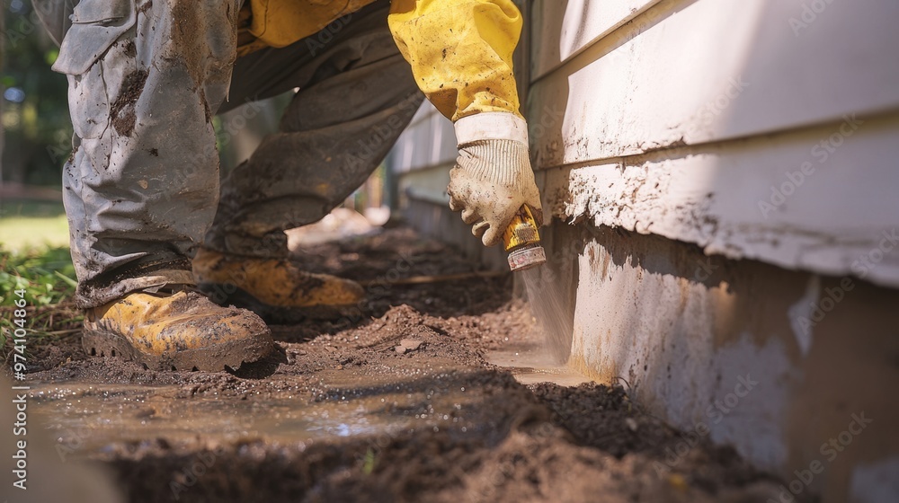 Pest control worker applying chemical treatments along the foundation of a house for termite prevention Pest control worker applying chemical treatments along the foundation of a house for termite prevention