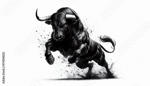Powerful Black Bull Charging with Dust and Motion Blur
