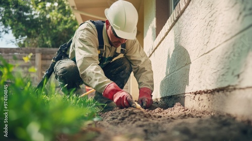 Pest control worker applying chemical treatments along the foundation of a house for termite prevention