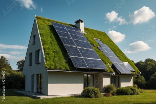 Wallpaper Mural Modern Eco-Friendly House with Solar Panels and Green Roof in a Serene Natural Setting Torontodigital.ca