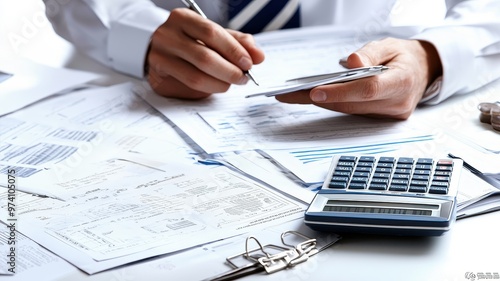 A person conducting financial calculations with a calculator, documents, and stationery, depicting office work and accounting tasks. photo