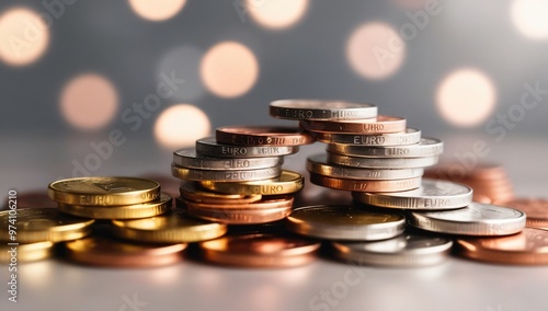 Wallpaper Mural Euro Coins Stacked on Grey Background with Bokeh Lights Torontodigital.ca