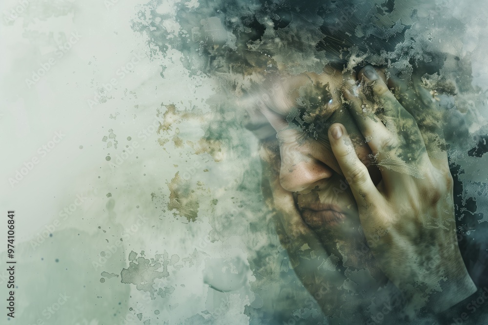Fototapeta premium Allergy symptoms, a person sneezes and rubs his eyes, surrounded by a misty cloud of mold spores