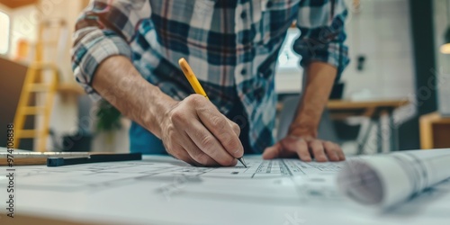 Close up of a professional engineer working on technical drawings in a modern office setting during the daytime