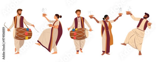 People in traditional Indian attire are playing drums and performing the Dhunuchi dance.