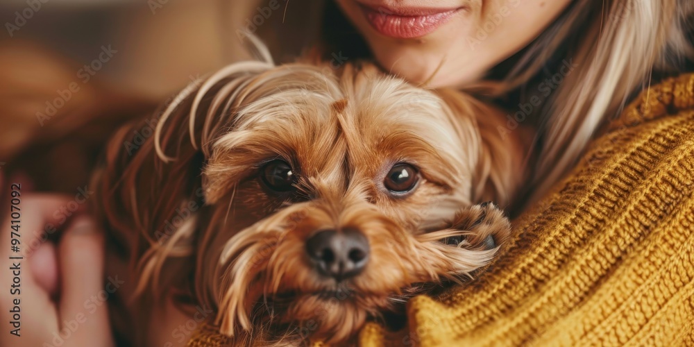 Close-up of a professional pet psychologist working with a small dog in a cozy indoor setting Close-up of a professional pet psychologist working with a small dog in a cozy indoor setting