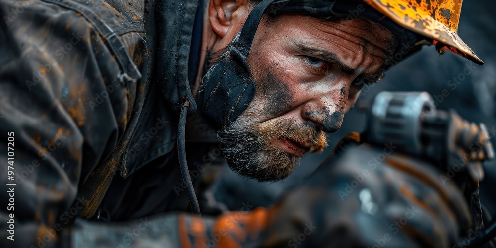 Fototapeta premium Close up of a skilled miner at work underground, showcasing determination and focus during intense labor in a coal mine