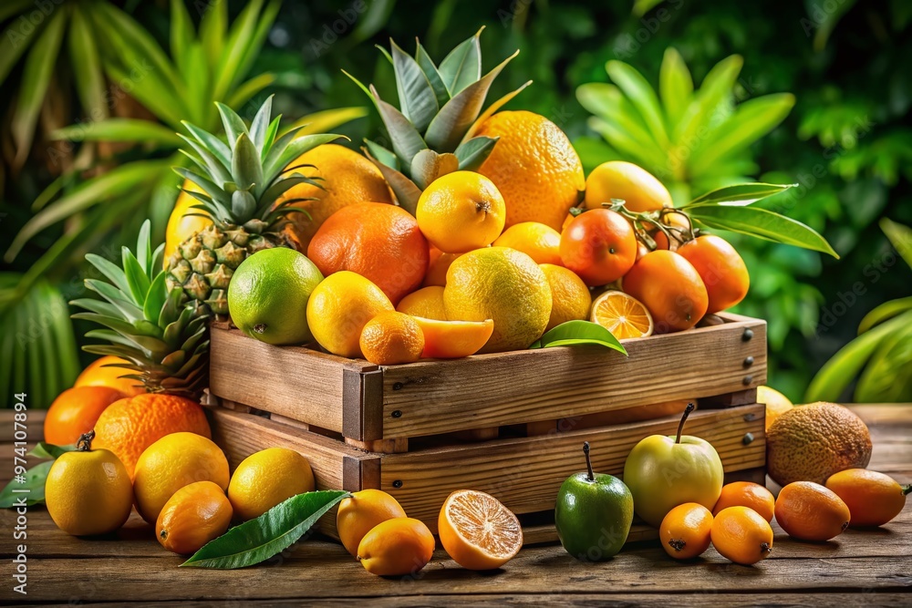 Vibrant yellow and orange fruits piled high on a rustic wooden crate, surrounded by lush green leaves, evoking Vibrant yellow and orange fruits piled high on a rustic wooden crate, surrounded by lush green leaves, evoking