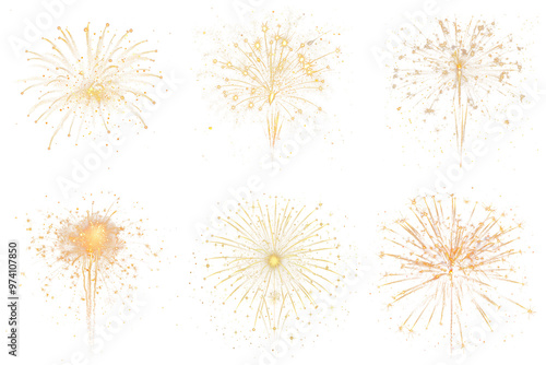 Set of festive fireworks on a white or transparent background. Explosion of a large golden fireworks, Design element, holiday overlays, New Year decorations.