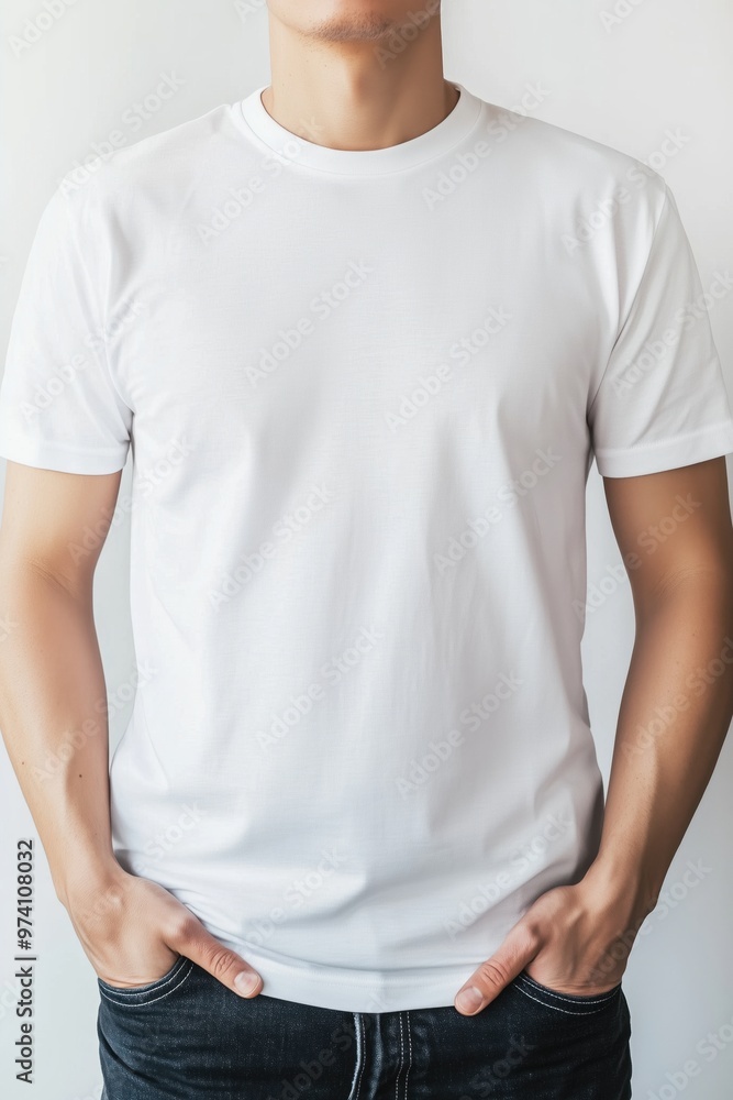White T-Shirt Mockup on Man Standing Against White Background for Apparel Design and Branding White T-Shirt Mockup on Man Standing Against White Background for Apparel Design and Branding