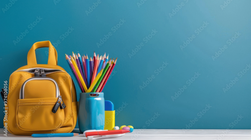 Yellow backpack and colorful pencils in a cup on a desk against a blue background, symbolizing back-to-school preparation. Yellow backpack and colorful pencils in a cup on a desk against a blue background, symbolizing back-to-school preparation.