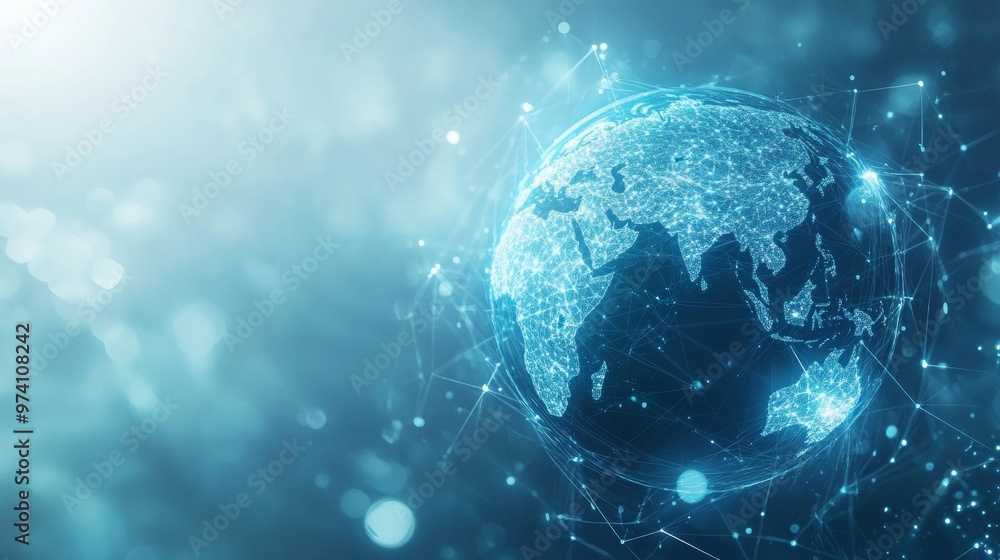 Obraz premium Abstract blue planet Earth with a global network and connectivity concept, data transfer in the cyber world on a light background