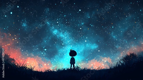 A young dreamer gazes upwards at the vast, shimmering galaxy filled with countless bright stars. 2D Cartoon Concept