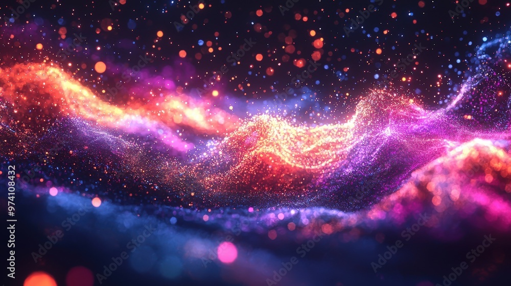 Abstract 3D music visualizer with colorful particles, 3D background music, dynamic and captivating. Abstract 3D music visualizer with colorful particles, 3D background music, dynamic and captivating.